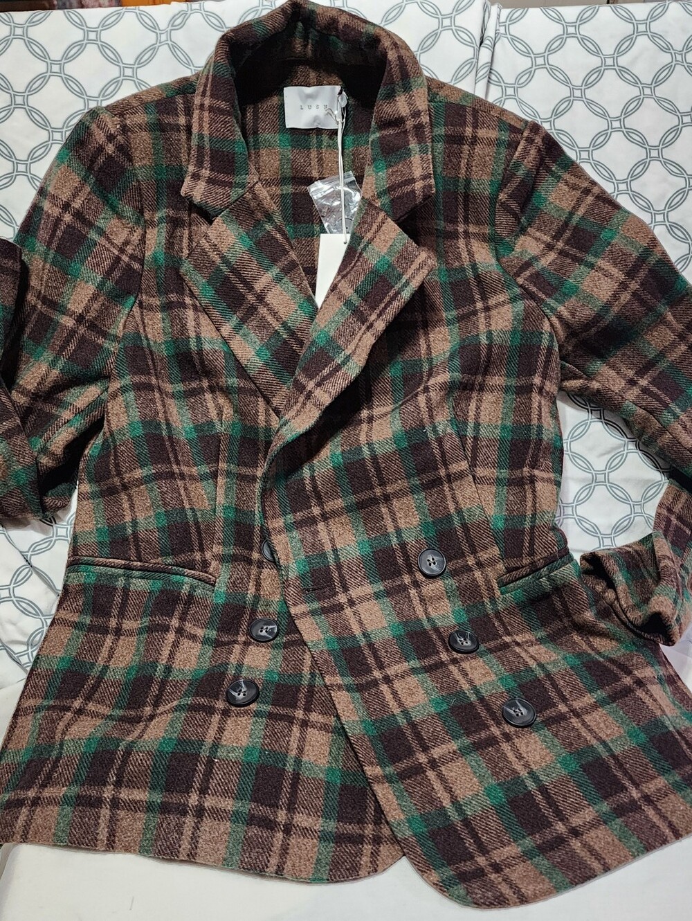 Women's Plaid Double-Breasted Wool Blend Jacket - Brown & Green